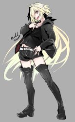 Rule 34 | 1boy, artoria pendragon (fate), astolfo (fate), black bow, black footwear, black hoodie, black ribbon, black shirt, black shorts, blue eyes, boots, bow, commentary request, dark persona, denim, denim shorts, eyes visible through hair, fang, fate/apocrypha, fate (series), grey background, hair down, hair intakes, hand on own hip, haoro, highres, hood, hoodie, long hair, long sleeves, male focus, official alternate costume, ribbon, saber alter (ver. shinjuku 1999) (fate), shirt, shorts, signature, simple background, skin fang, solo, standing, thigh boots, thighhighs, twitter username, very long hair, white hair, zettai ryouiki