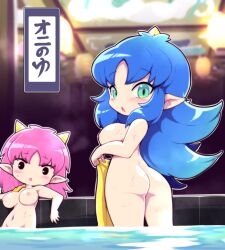 2girls ass black_eyes blue_hair blush breasts chibi commentary_request completely_nude from_behind holding holding_towel horns large_breasts long_hair looking_at_viewer looking_back momotarou_densetsu multiple_girls navel nollety nude open_mouth pink_eyes pointy_ears single_horn towel wading water yashahime_(momotarou_densetsu)