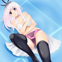 Rule 34 | 1girl, bad id, bad pixiv id, breasts, embarrassed, female focus, lying, pink hair, sigetch, solo, thighhighs