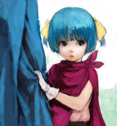 Rule 34 | 1girl, blue eyes, blue hair, bow, cape, dragon quest, dragon quest v, gloves, hair bow, hero&#039;s daughter (dq5), matching hair/eyes, ponsuke (pon00000), revision, short hair, solo, yellow bow