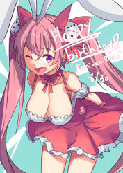 Rule 34 | 1girl, ;d, animal ears, bow, breasts, cleavage, collarbone, cowboy shot, dated, di gi charat, dress, frilled dress, frills, hair between eyes, hair bow, happy birthday, large breasts, leaning forward, long hair, looking at viewer, one eye closed, open mouth, pink hair, purple eyes, rabbit ears, red bow, red dress, saiste, smile, solo, thighs, usada hikaru, very long hair