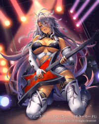 Rule 34 | 1girl, bare shoulders, breasts, cleavage, commentary request, copyright name, cuboon, dark-skinned female, dark skin, electric guitar, full body, guitar, instrument, large breasts, lips, long hair, official art, purple eyes, short shorts, shorts, solo, thighhighs, venus rumble, very long hair, white thighhighs