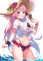 Rule 34 | 1girl, absurdres, bangle, bikini, blue eyes, blue nails, bracelet, breasts, brown hat, earrings, flower, food, hat, hat flower, heterochromia, highres, holding, holding food, ice cream, jewelry, large breasts, long hair, looking at viewer, nail polish, navel, no-ba, original, pink eyes, pink hair, purple bikini, red bikini, red flower, see-through, shirt, short sleeves, simple background, smile, solo, standing, straw hat, striped bikini, striped clothes, sunflower, swimsuit, tied shirt, wading, wet, wet clothes, wet shirt, white background, wrist cuffs