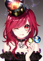 Rule 34 | 1girl, bare shoulders, black nails, candy, closed mouth, collar, eyelashes, food, gradient background, hair over shoulder, hecatia lapislazuli, highres, jewelry, kyouda suzuka, licking lips, lollipop, long hair, looking at viewer, nail polish, one eye closed, pendant, pentagram, red eyes, red hair, smile, solo, tongue, tongue out, touhou, upper body