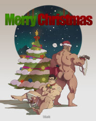 Rule 34 | ..., 2boys, ass press, bara, bell, black hair, christmas, christmas tree, cigarette, completely nude, convenient leg, full body, glasses, hat, highres, jockstrap, large pectorals, male focus, male underwear, mature male, merry christmas, multiple boys, muscular, muscular male, neck bell, nipples, nude, original, pectorals, red headwear, santa costume, santa hat, short hair, sitting, smile, thick eyebrows, tigari, underwear, undressing, white male underwear