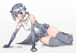 Rule 34 | 1girl, animal ears, bare shoulders, barefoot, blush, commentary, dripping, elbow gloves, extra ears, fingerless gloves, frilled one-piece swimsuit, frills, fur collar, gloves, grey gloves, grey hair, grey one-piece swimsuit, grey thighhighs, highres, kemono friends, looking at viewer, one-piece swimsuit, otter ears, otter girl, otter tail, short hair, sidelocks, sitting, small-clawed otter (kemono friends), smile, solo, swimsuit, tail, tanabe (fueisei), thighhighs, toeless legwear, two-tone one-piece swimsuit, white fur, white hair, white one-piece swimsuit, yellow eyes