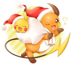 Rule 34 | aimi (aimia492), bag, blush, brown eyes, christmas, creatures (company), game freak, gen 1 pokemon, happy, hat, heart, holding, nintendo, one eye closed, open mouth, pikachu, pokemon, pokemon (creature), raichu, santa hat, smile