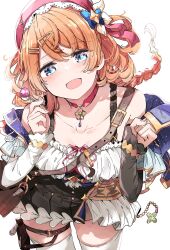Rule 34 | 1girl, :d, atelier (series), atelier resleriana, bag, blue eyes, braid, breasts, candy, choker, cleavage, cowboy shot, food, hair ornament, hairclip, hat, highres, holding, holding candy, holding food, holding lollipop, jewelry, lollipop, long sleeves, nyoijizai, open mouth, orange hair, pendant, pendant choker, pink choker, pink hat, resna sternenlicht, shoulder bag, simple background, smile, solo, thighhighs, white background, white thighhighs