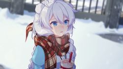 Rule 34 | 1girl, :o, antenna hair, blue eyes, blue jacket, braid, casual, drinking straw, hair between eyes, highres, holding, honkai (series), honkai impact 3rd, jacket, jewelry, kiana kaslana, long hair, long sleeves, looking to the side, milk tea, necklace, open mouth, outdoors, scarf, smile, snow, snowing, solo, third-party source, twin braids, white hair