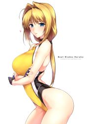 Rule 34 | 1girl, ahoge, arched back, blonde hair, blue eyes, breast hold, breasts, breath, choker, choukou sennin haruka, competition swimsuit, contrapposto, covered navel, cowboy shot, crossed arms, fingerless gloves, from side, gloves, hair intakes, hairband, halcon, heart, highres, large breasts, long hair, looking at viewer, low ponytail, one-piece swimsuit, parted lips, sidelocks, simple background, skindentation, solo, swimsuit, takamori haruka, white background