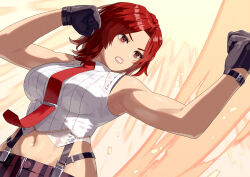 Rule 34 | 1girl, bare shoulders, black gloves, boxing, breasts, crop top, cropped shirt, gloves, highres, large breasts, lips, lipstick, makeup, mature female, midriff, navel, necktie, pants, pinstripe pants, pinstripe pattern, red eyes, red hair, red necktie, shirt, short hair, sleeveless, snk, solo, striped, suspenders, the king of fighters, the king of fighters xiv, vanessa (kof), yagi2013