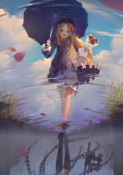 Rule 34 | 1girl, :d, abigail williams (fate), absurdres, black bow, black dress, black footwear, black hat, black umbrella, blonde hair, bloomers, blue eyes, blue sky, blush, bouquet, bow, bug, butterfly, cloud, cloudy sky, commentary request, day, different reflection, dress, fate/grand order, fate (series), flower, forehead, hair bow, hat, highres, holding, holding bouquet, holding umbrella, hugging object, insect, long hair, long sleeves, looking at viewer, no socks, open mouth, orange bow, outdoors, parted bangs, pekakiu, petals, polka dot, polka dot bow, puddle, red flower, red rose, reflection, reflective water, rose, round teeth, shoe soles, shoes, sky, sleeves past wrists, smile, solo, stuffed animal, stuffed toy, teddy bear, teeth, umbrella, underwear, upper teeth only, very long hair, walking, water, white bloomers