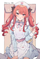 Rule 34 | 1girl, blush, bow, hat, highres, ikeuchi tanuma, long hair, long sleeves, looking at viewer, nurse, nurse cap, open mouth, original, outside border, red eyes, red hair, twintails