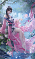 Rule 34 | 1girl, absurdres, bracelet, chi lian (qin shi ming yue), chinese clothes, closed mouth, dress, earrings, flower, full body, fupo alian, hair ornament, highres, jewelry, lotus, medium hair, o-ring dress, off-shoulder dress, off shoulder, outdoors, qinshi mingyue, ripples, sash, second-party source, solo, tiara, tree, water, waterfall, white footwear