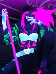 Rule 34 | 1girl, akali, asymmetrical clothes, bad id, bad pixiv id, baseball cap, belt, bracelet, breasts, choker, cleavage, commentary, crop top, hat, highres, holding, jewelry, k/da (league of legends), k/da akali, league of legends, long hair, looking at viewer, mask, medium breasts, mouth mask, official alternate costume, pink hair, ponytail, sidelocks, single pantsleg, single thighhigh, solo, soya (torga), surgical mask, thighhighs, yellow eyes
