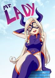 Rule 34 | 10s, 1girl, ;d, arm behind head, arm up, blonde hair, blue sky, bodysuit, boku no hero academia, breasts, building, character name, cloud, day, domino mask, drill hair, edalie, english text, facing viewer, giant, giantess, gloves, hand in own hair, hand up, happy, horns, large breasts, long hair, looking at viewer, mask, mount lady, one eye closed, open mouth, outdoors, purple eyes, sitting, skin tight, sky, smile, solo, superhero costume, teeth, text focus, thighhighs, tongue, wink