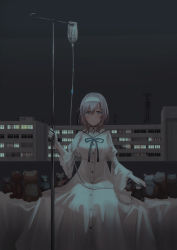 Rule 34 | 1girl, bed sheet, black ribbon, blush, breasts, brown hair, building, chihuri, closed mouth, commentary request, dress, gloves, grey eyes, grey sky, hair between eyes, hairband, hand up, highres, hospital, indoors, intravenous drip, juliet sleeves, long hair, long sleeves, looking at viewer, medium breasts, neck ribbon, on bed, original, puffy sleeves, renata alekseevna tsvetaeva, ribbon, single glove, sitting, sky, smile, solo, stuffed animal, stuffed toy, teddy bear, transmission tower, white dress, white gloves, white hairband, wide sleeves, window