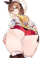Rule 34 | 1girl, absurdres, ass, atelier (series), atelier ryza, atelier ryza 1, breasts, brown hair, cary, closed mouth, detached sleeves, fang, from behind, from below, gloves, hair ornament, hairclip, hat, highres, hood, hoodie, looking back, medium breasts, micro shorts, reisalin stout, short shorts, shorts, simple background, single glove, skin fang, smile, solo, thigh gap, thighhighs, white background, yellow eyes