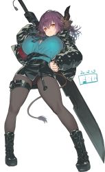 Rule 34 | 1girl, animal ears, arknights, belt, black jacket, blue shirt, blush, breasts, button gap, cow ears, cow horns, cow tail, dated, fbc, hair between eyes, holding, holding sword, holding weapon, horns, jacket, large breasts, leather skirt, open clothes, open jacket, pantyhose, pouch, purple hair, shirt, sideroca (arknights), solo, sword, tail, thigh pouch, utility belt, weapon, white background