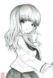 Rule 34 | 1girl, absurdres, artist logo, artist name, blouse, blunt bangs, commentary request, from side, girls und panzer, graphite (medium), greyscale, hand in own hair, highres, long hair, long sleeves, looking at viewer, monochrome, neckerchief, ooarai school uniform, parted lips, pleated skirt, school uniform, sekirei tessar, serafuku, shirt, skirt, solo, standing, takebe saori, traditional media, upper body