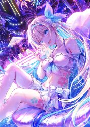 Rule 34 | 1girl, absurdres, bikini, blonde hair, blue eyes, blue hair, blue hairband, blue nails, blush, collarbone, colored inner hair, drink, fingernails, flower tattoo, hairband, highres, holding, holding drink, long hair, looking at viewer, multicolored hair, nail polish, navel, noyu (noyu23386566), open mouth, original, outdoors, palm tree, pool, smile, solo, swimsuit, tattoo, tree, white bikini