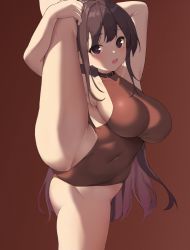 Rule 34 | 1girl, absurdres, armpits, arms up, ass, bare arms, bare shoulders, black choker, black eyes, borrowed character, breasts, brown hair, brown theme, choker, cleavage, collarbone, covered navel, cowboy shot, groin, highleg, highleg leotard, highres, impossible clothes, impossible leotard, kiro (kirotayu), large breasts, leg lift, leotard, lifting own clothes, long hair, looking at viewer, mole, mole under eye, open mouth, original, red background, red leotard, red theme, simple background, solo, split, standing, standing on one leg, standing split, thighs, very long hair