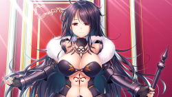 Rule 34 | 1girl, ahoge, armor, black gloves, blue hair, breasts, charlotte vie atrustia, cleavage, closed mouth, fingerless gloves, floating hair, game cg, gloves, gradient hair, hair between eyes, highres, holding, holding polearm, holding weapon, ko~cha, large breasts, long hair, looking at viewer, midriff, multicolored hair, navel, polearm, purple hair, red eyes, smile, solo, stomach, sunlight, underboob, upper body, very long hair, weapon, yuukyuu no campanella