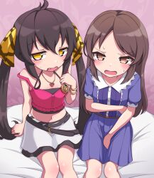 Rule 34 | 2girls, absurdres, arm support, belt, between legs, black belt, black hair, blue dress, brown belt, brown eyes, brown hair, commentary, dress, fang, flat chest, hair between eyes, hair ribbon, hand between legs, hand up, heart, heart necklace, highres, idolmaster, idolmaster cinderella girls, idolmaster cinderella girls u149, jewelry, jitome, long hair, looking at viewer, matoba risa, mooramango, multiple girls, necklace, on bed, open mouth, pink background, pink shirt, ribbon, shirt, short sleeves, sidelocks, sitting, skirt, sweat, tachibana arisu, tank top, twintails, v-shaped eyebrows, wallpaper (object), white skirt, yellow eyes, yellow ribbon
