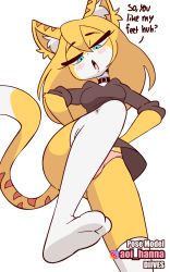 Rule 34 | animal ear fluff, animal ears, animal nose, animated, animated gif, blonde hair, blush, diives, english text, feet, femdom, furry, green eyes, hand on own hip, highres, leggings, open mouth, panties, rubbing, stomping, tail, thighhighs, thighs, underwear, white background, yellow fur