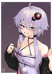 Rule 34 | 1girl, ahoge, bare shoulders, black jacket, blush, breasts, brown background, collarbone, commentary request, criss-cross halter, dress, hair between eyes, hair ornament, halterneck, highres, jacket, long hair, long sleeves, looking at viewer, off shoulder, open clothes, open jacket, purple dress, purple eyes, purple hair, simple background, sleeves past wrists, small breasts, smile, solo, upper body, voiceroid, yuzuki yukari, zooanime