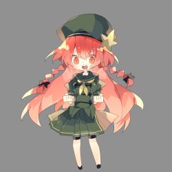 Rule 34 | 1girl, adapted costume, beret, black bow, black footwear, bow, braid, chibi, clenched hands, commentary request, full body, green hat, green shirt, green skirt, grey background, hair bow, hat, highres, hong meiling, long hair, looking at viewer, neckerchief, nikorashi-ka, open mouth, orange eyes, orange hair, pleated skirt, sailor collar, shirt, short sleeves, shorts, shorts under skirt, simple background, skirt, solo, star (symbol), touhou, twin braids, yellow neckerchief