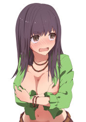 Rule 34 | &gt;:0, 1girl, :o, artist request, belt, blush, bracelet, breasts, brown eyes, cleavage, collarbone, covering privates, covering breasts, embarrassed, female focus, full-face blush, green shirt, highres, itsuwa, jewelry, large breasts, long hair, long sleeves, midriff, navel, neck, necklace, no bra, open clothes, open mouth, open shirt, pants, purple hair, shirt, shy, simple background, solo, tears, toaru majutsu no index, wavy mouth, white background
