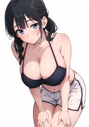 Rule 34 | 1girl, bare arms, bare shoulders, black camisole, black hair, blue eyes, blunt bangs, blush, braid, breasts, camisole, cleavage, closed mouth, collarbone, cowboy shot, crop top, expressionless, french braid, hair between eyes, hands on own thighs, highres, kuraim, large breasts, leaning forward, legs together, long hair, looking at viewer, midriff, navel, original, shorts, simple background, solo, spaghetti strap, thighs, twintails, white background, white shorts
