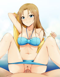 Rule 34 | 10s, 1boy, 1girl, armpits, arms up, bare shoulders, beach, bikini, bikini pull, blonde hair, blue eyes, blush, breasts, brown hair, censored, clothes pull, cloud, cowgirl position, female pubic hair, girl on top, happy sex, hetero, highres, idolmaster, idolmaster cinderella girls, kaiga, large breasts, legs, long hair, long legs, looking at viewer, matsumoto sarina, mosaic censoring, navel, penis, pov, pubic hair, pussy, sex, sky, smile, solo focus, spread legs, straddling, swimsuit, thighs, vaginal