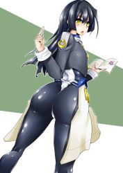 Rule 34 | 1girl, artist request, ass, black hair, blush, bodysuit, book, chalk, flat chest, from behind, highres, honda masazumi, kyoukaisenjou no horizon, long hair, looking back, open mouth, pantyhose, shiny clothes, showgirl skirt, skin tight, solo, yellow eyes