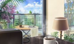 Rule 34 | blue sky, book, cityscape, coffee cup, commentary request, cup, curtains, day, disposable cup, highres, indoors, lamp, no humans, original, plant, potted plant, scenery, shelf, sky, skyline, spoon, steam, table, tablecloth, toaster, window, yu02257951