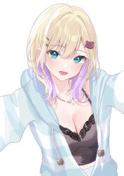 Rule 34 | 1girl, absurdres, animal hair ornament, bear hair ornament, black camisole, blonde hair, blue jacket, breasts, camisole, chain necklace, cleavage, collarbone, colored inner hair, commentary, drawstring, green eyes, hair intakes, hair ornament, hairclip, highres, jacket, jewelry, kurumi noah, lace-trimmed camisole, lace trim, looking at viewer, lower teeth only, multicolored clothes, multicolored hair, multicolored jacket, nakano kura, navel, necklace, open mouth, purple hair, simple background, solo, teeth, two-tone hair, two-tone jacket, virtual youtuber, vspo!, white background