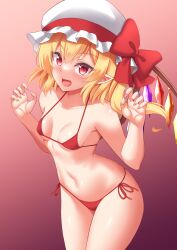 Rule 34 | 1girl, absurdres, bikini, blonde hair, breasts, commentary request, crystal, fang, fingernails, flandre scarlet, gradient background, hat, highres, looking at viewer, medium hair, mob cap, navel, open mouth, pointy ears, red background, red bikini, red eyes, side ponytail, small breasts, solo, standing, swimsuit, tokyo yamane, touhou, wings