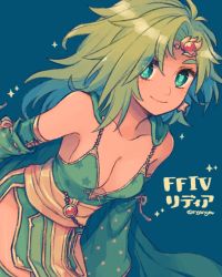 Rule 34 | 1girl, breasts, circlet, cleavage, closed mouth, copyright name, detached sleeves, earrings, final fantasy, final fantasy iv, green eyes, green hair, jewelry, long hair, looking at viewer, aged up, rydia (ff4), simple background, smile, solo, square enix, sunagimo (nagimo)