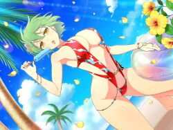 Rule 34 | 1girl, beach, bikini, breasts, cleavage, cloud, cloudy sky, coconut tree, day, flower, food, green hair, hair ornament, highres, hikage (senran kagura), hip tattoo, holding, holding food, holding popsicle, holding swim ring, innertube, jewelry, large breasts, looking at viewer, medium hair, multicolored nails, nail polish, navel, ocean, official art, palm tree, petals, popsicle, red slingshot swimsuit, ring, senran kagura, senran kagura new link, sky, slingshot swimsuit, slit pupils, snake tattoo, sunlight, swim ring, swimsuit, tattoo, tongue, tongue out, tree, underboob, wet, yellow eyes, yellow flower, yellow petals