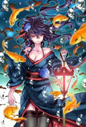 Rule 34 | 1girl, akaumi, bare shoulders, black hair, bracelet, breasts, bubble, cleavage, egyptian, fish, flower, hair ornament, hat, japanese clothes, jewelry, kimono, lantern, long hair, mask, open mouth, original, red eyes, smile, solo, thighhighs, thighs, underwater, wristband, yellow eyes