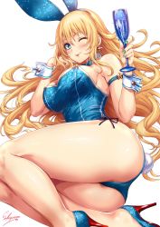 Rule 34 | 1girl, adapted costume, animal ears, artist name, ass, atago (kancolle), back-seamed legwear, blonde hair, blue eyes, blue footwear, blue leotard, blush, breasts, rabbit tail, cup, detached collar, drinking glass, earrings, fake animal ears, fake tail, hand on own cheek, hand on own face, high heels, highres, hip focus, huge ass, jewelry, kantai collection, large breasts, leotard, long hair, looking at viewer, lying, nail art, on side, parted lips, playboy bunny, sakiyamama, seamed legwear, sideboob, signature, simple background, smile, solo, sparkle, star (symbol), star earrings, tail, thick thighs, thighs, toasting (gesture), white background, wide hips, wine glass, wrist cuffs