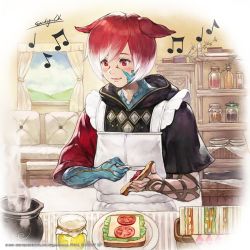Rule 34 | 1boy, animal ears, apron, artist request, basket, blue sky, blush, bowl, bread, carpet, cloud, commentary request, company name, copyright name, couch, curtains, dated, day, eighth note, final fantasy, final fantasy xiv, food, frilled apron, frills, g&#039;raha tia, hair between eyes, holding, indoors, jar, lettuce, light smile, male focus, multicolored hair, musical note, object request, official art, plate, red eyes, red hair, sandwich, shelf, short hair, short sleeves, signature, sky, smile, solo, steam, tomato, white hair