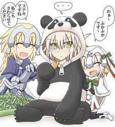 Rule 34 | ..., 3girls, ahoge, alternate costume, animal costume, armor, armored dress, bell, black gloves, black legwear, blonde hair, blush, capelet, closed eyes, commentary request, cosplay, elbow gloves, fate/apocrypha, fate/grand order, fate (series), fur trim, gauntlets, gloves, hair ribbon, headpiece, jeanne d&#039;arc (fate), jeanne d&#039;arc (ruler) (fate), jeanne d&#039;arc alter (avenger) (fate), jeanne d&#039;arc alter (fate), jeanne d&#039;arc alter santa lily (fate), kasaneko, kigurumi, long hair, multiple girls, open mouth, ribbon, smile, spoken ellipsis, striped ribbon, thighhighs, yellow eyes