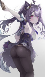 Rule 34 | 1girl, absurdres, artist request, ass, bare shoulders, blush, breasts, cameltoe, detached sleeves, dress, from behind, genshin impact, hair ornament, hairpin, highres, keqing (genshin impact), long hair, looking back, medium breasts, pantyhose, purple dress, purple hair, red eyes, shiny clothes, short dress, sideboob, skirt, solo, sword, twintails, very long hair, weapon