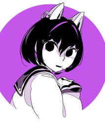 Rule 34 | 1girl, animal ears, black eyes, black hair, cat ears, colored skin, fang, from side, hair between eyes, hand up, idkuroi, kokubunji suou, long sleeves, looking at viewer, looking to the side, mechanical ears, medium hair, mole, mole above mouth, original, purple theme, sailor collar, school uniform, serafuku, skin fang, sleeves past fingers, sleeves past wrists, solo, upper body, white skin