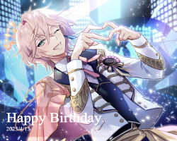Rule 34 | 1boy, award ribbon, black vest, blush, capelet, chain, collared shirt, crossed bangs, dated, dutch angle, earrings, glowstick, green eyes, grin, hair between eyes, halo, happy birthday, heart, heart hands, highres, holostars, idol, idol clothes, jacket, jewelry, light particles, looking at viewer, luma8b, male focus, neck ribbon, official alternate costume, one eye closed, open clothes, open jacket, pink capelet, pink hair, pink ribbon, ribbon, rikka (holostars), sash, shirt, short hair, side cape, single earring, smile, solo, stage, upper body, vest, virtual youtuber, white jacket, white shirt, yellow sash