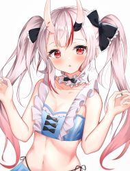 Rule 34 | 1girl, absurdres, blush, bow, breasts, chestnut mouth, commentary request, earrings, fang, gradient hair, hair bow, highres, hololive, horns, huge filesize, jewelry, long hair, looking at viewer, multicolored hair, nakiri ayame, nakiri ayame (hololive summer 2019), navel, official alternate costume, razerman, red eyes, red hair, shell, shell earrings, silver hair, simple background, small breasts, solo, streaked hair, swimsuit, twintails, upper body, virtual youtuber, white background