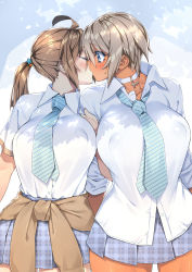 Rule 34 | 23 (real xxiii), 2girls, ahoge, blonde hair, blue eyes, blush, breasts, brown hair, choker, clothes around waist, couple, covered erect nipples, cross, dark-skinned female, dark skin, dress shirt, closed eyes, hair ornament, highres, huge breasts, huge nipples, jacket, jacket around waist, kiss, large breasts, long hair, multiple girls, necktie, original, pleated skirt, ponytail, school uniform, sela (23), shirt, shirt tucked in, short hair, simple background, skirt, sleeves rolled up, surprised, sweatdrop, thick thighs, thighs, unmoving pattern, untucked shirt, ursula (23), wife and wife, yuri