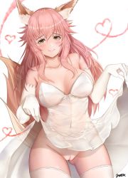 Rule 34 | 10s, 1girl, absurdres, alternate costume, animal ear fluff, animal ears, bare shoulders, blush, breasts, brown eyes, cleavage, clothes lift, commentary, dress, dress lift, elbow gloves, fang, fate/extra, fate/grand order, fate (series), flashing, fox ears, gloves, hair between eyes, heart, highres, jay87k, large breasts, lifting own clothes, long hair, looking at viewer, navel, no panties, pink hair, pussy, signature, smile, solo, tail, tamamo (fate), tamamo no mae (fate/extra), thighhighs, uncensored, white dress, white gloves, white thighhighs